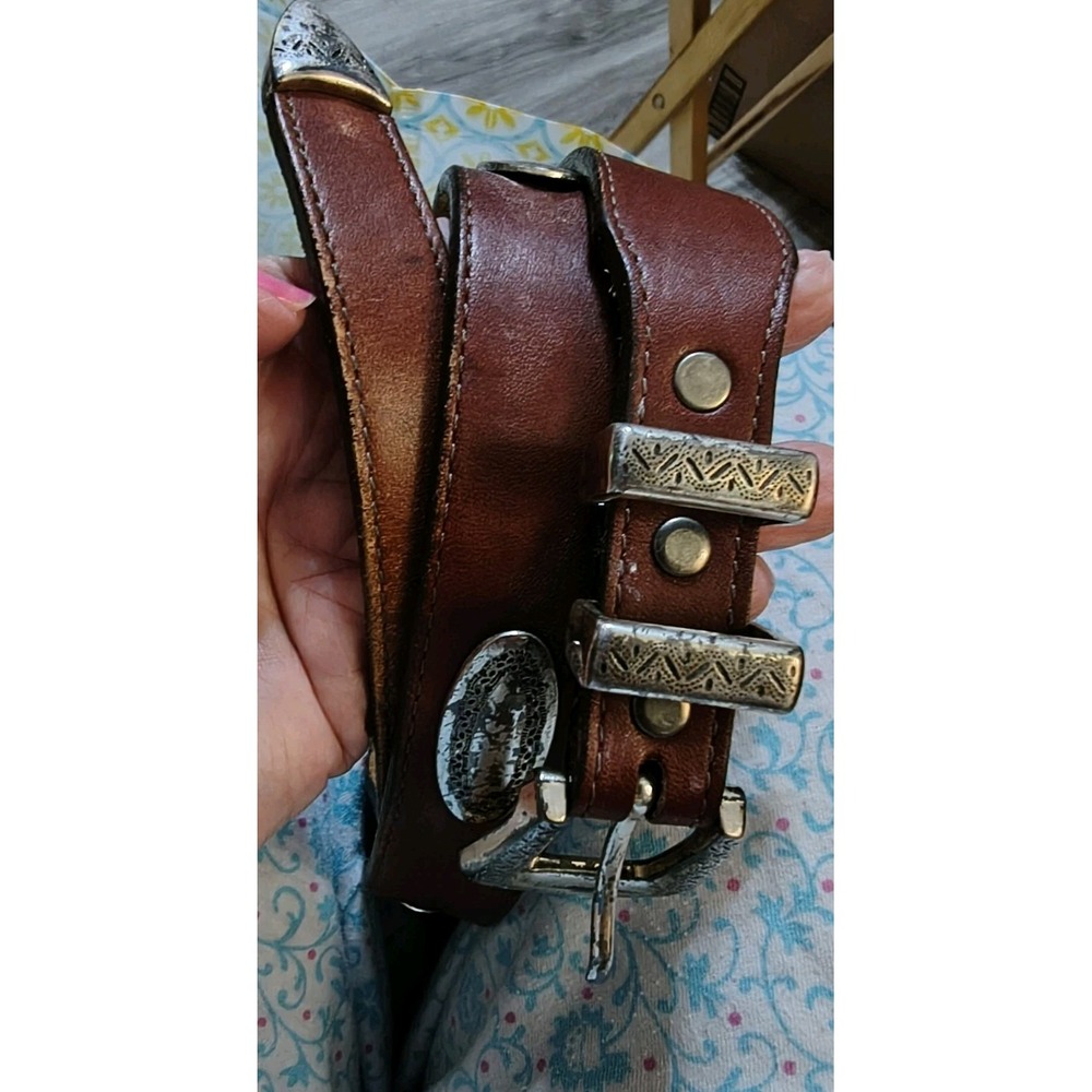 Vtg Brighton ONYX Mens Brown Womens Crocodile Embossed Silver Leather Belt Sz 36